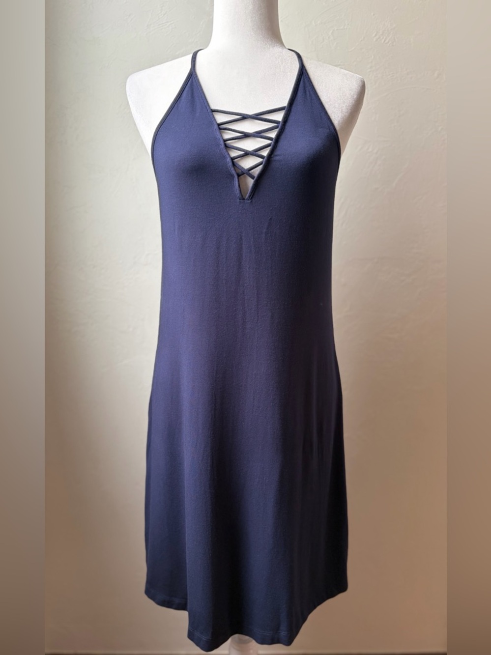 Tart Navy Halter Dress Crisscross Lace Up Front Sleeveless Modal Stretch Size S
